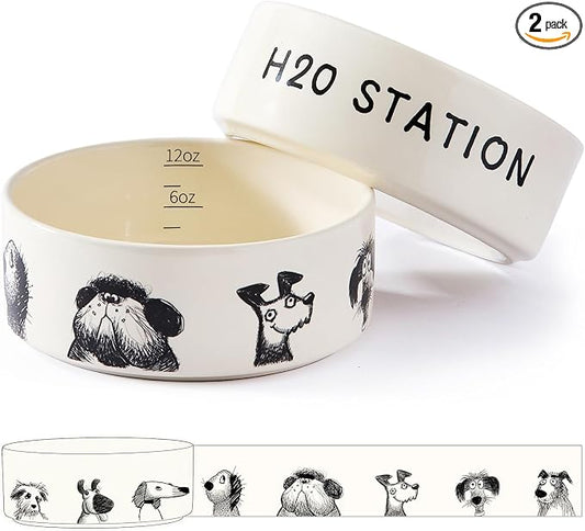 Ceramic Cute Dog Bowl Set of 2 for Small Dogs & Cats, Heavy Non-Slip Stoneware Food and Water Bowls – 1.6 Cups, Microwave & Dishwasher Safe, Pet Feeding Set