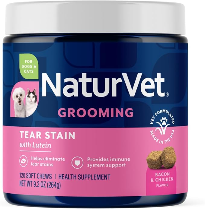 NaturVet Lutein Tear Stain Supplements for Dogs & Cats – Prevents Tear Stains for Dog, Cat Breeds – Includes Oregon Grape Root, Marshmallow Root, Cranberry Extract – 120 Ct.