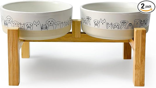 Elevated Ceramic Dog Bowls with Wooden Stand，6.1inch Raised Dog Bowls with Cute Pattern for Small and Medium Breed Dogs,2 Pack Dogs Food and Water Bowl Set,Weighted Pet Dishes Dishwasher Safe