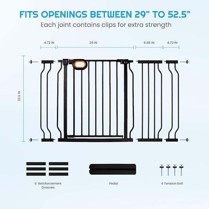 owlie Baby Gate for Stairs 29-52 Inch Wide, Safety Gate for Baby Adjustable Pet Gate with Door Pressure Mounted Gates for Kids Toddler Dogs Extension Kit Indoor Stairway Doorway Black (30.5'' Tall)