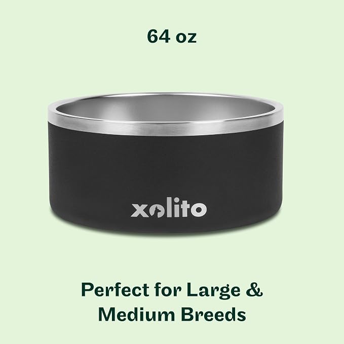 Xolito Pets Stainless Steel Dog Bowl 64 oz - Non-Slip Insulated Water Bowl for Large Dogs - Heavy Duty Double Wall Metal Feeder for Food & Water, Dishwasher Safe (Grey)