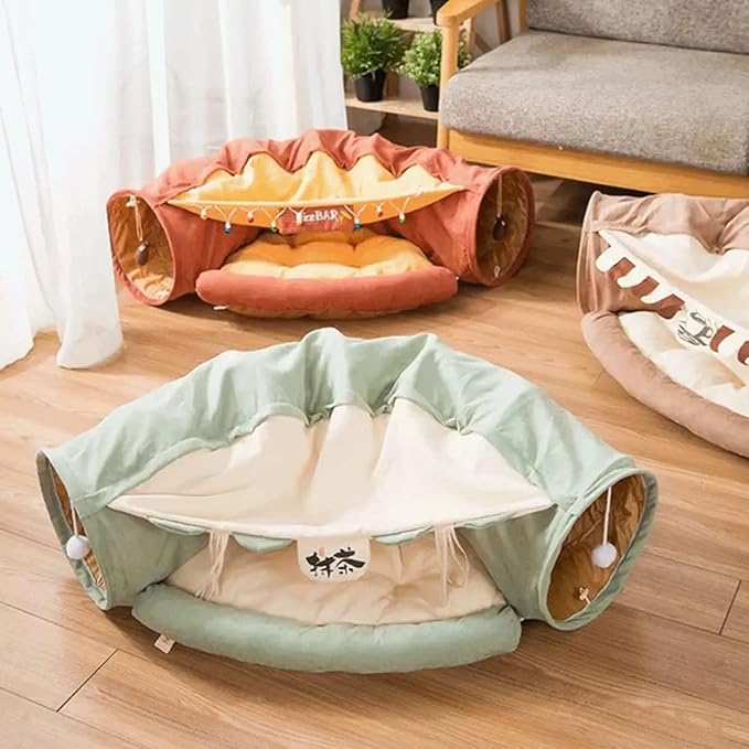 LEFTSTARER 2-in-1 Collapsible Cat Tunnel for Indoor Bed and Hideout - Pet Dog Rabbit Bunny Ferret Tunnel Tubes Toys with Removable Washable Mat, Tower Wheel Stuff