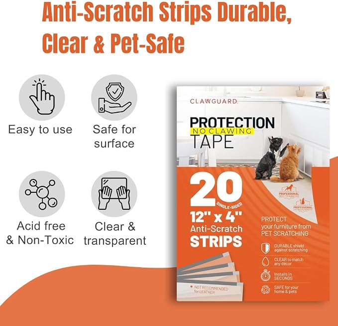 CLAWGUARD Protection Tape Strips – 20 Pre-Cut 12x4 in Scratch Barriers – Door Scratch Protector Dog & Cat – Couch Protector from Cat Claws
