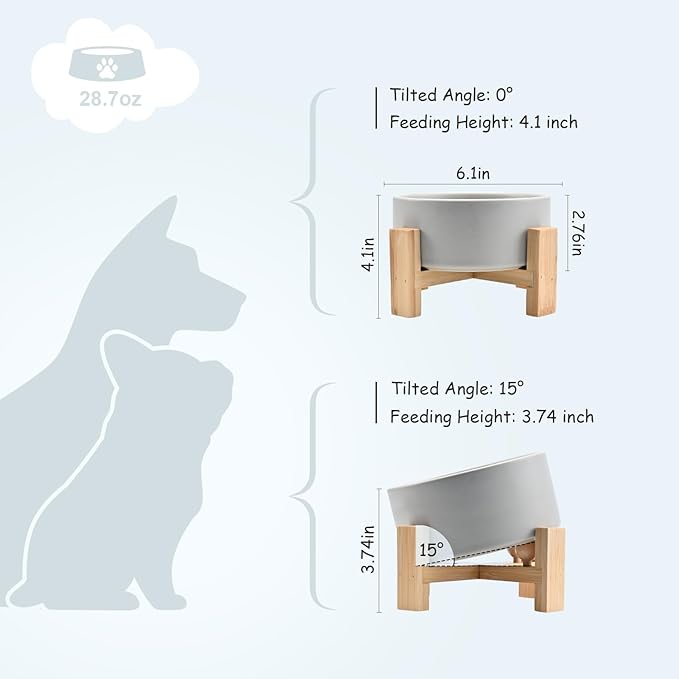 SPUNKYJUNKY 15° Slanted Ceramic Dog and Cat Bowl with Wooden Stand, Tilted Bulldog Food and Water Bowl No Slip Non-Spill for Cats Medium Dogs Big Face Pets 28.7 OZ (3.6 Cups, Grey)