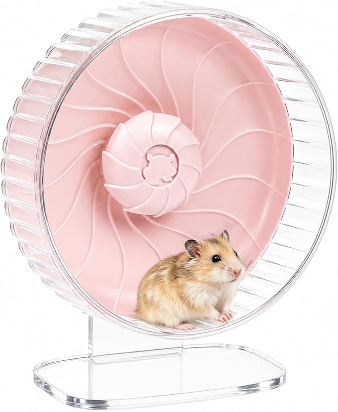 Silent Hamster Wheel, 10in Hamster Wheel with Adjustable Stand, Double-Bearing Quiet Spinner for Syrian Hamsters, Hedgehogs, Mice & Small Pets, Pink