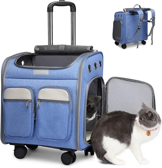 Wheeled Pet Carrier Backpack Pet Stroller,Travel Carrier with Detachable Wheels for Small Dogs Cats Puppies Up to 17 Lbs, Folding Puppy Carrier,Mesh Ventilation Windows, Storage Pockets