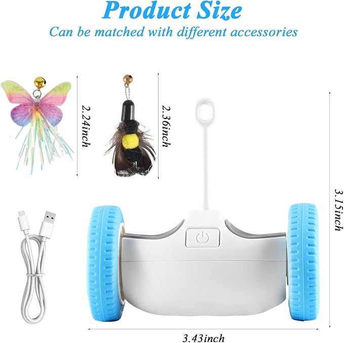 Interactive Cat Toy for Indoor Cats, Smart Toys with 2 PCE Feathers, Automatic Moving Wheels Toys for Kitten, Rechargeable Mouse Cat Toy for Bored Adult Cats
