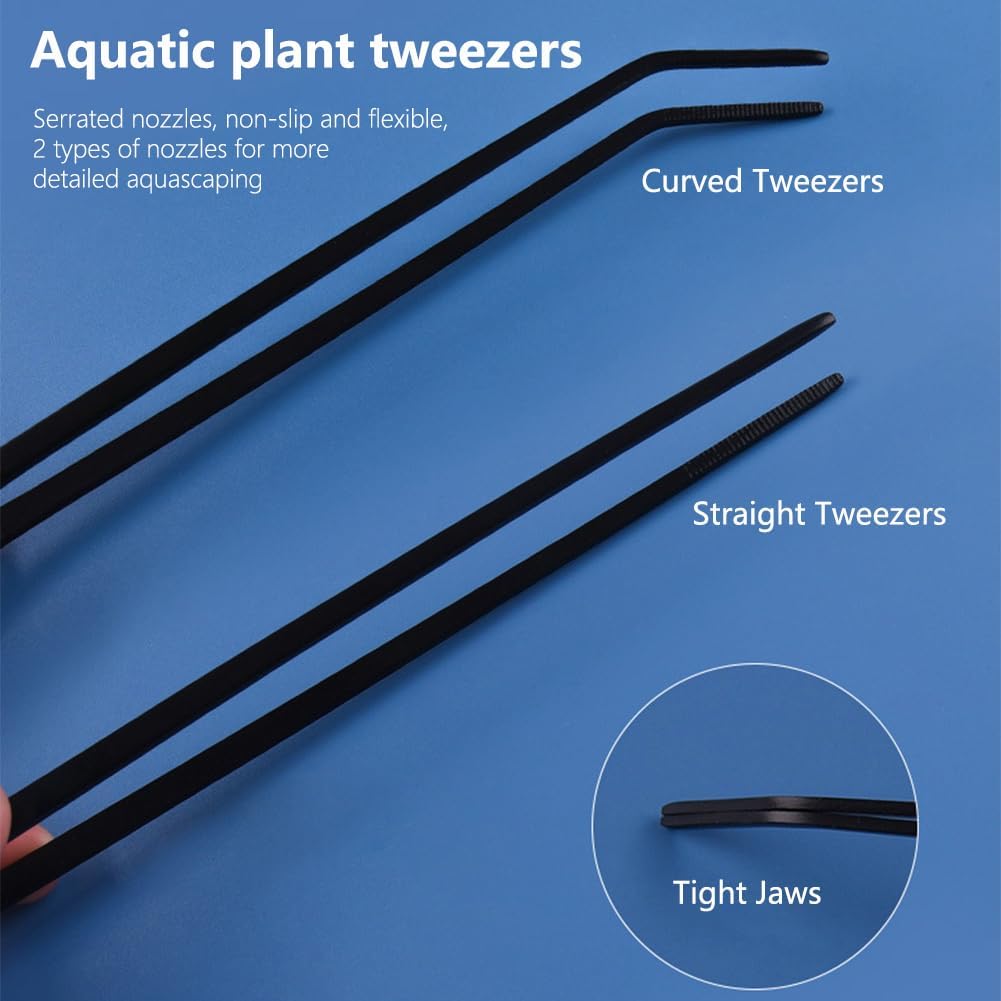 7-in-1 Aquascaping Tools Kit for Aquarium & Terrarium - Stainless Steel Long Tweezers, Curved Scissors, Algae Scraper, Feeding Tongs - Live Plant Trimming & Tank Cleaning Accessories