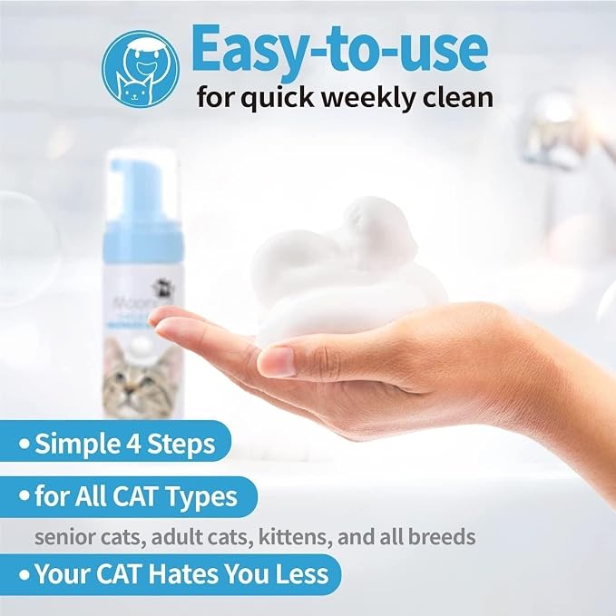 Mooncat Waterless Cat Shampoo, 100% Licking Safe & Vet Approved No Rinse Dry Bath Foam - Gentle Deodorizer for Short Haired Cats, Seniors & Kittens - Soothes Sensitive Skin, Reduces Dander & Odor