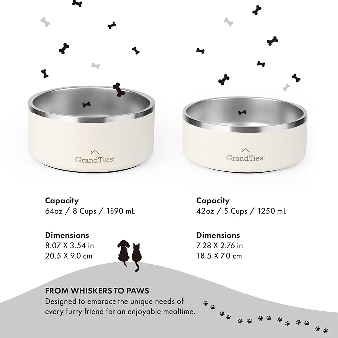 GrandTies Stainless Steel Engraved Pet Bowl | Reusable BPA-Free Insulated Cat & Dog Bowls | Large Heavy Duty Non Skid Spill Proof Dog Bowl | Outdoor Dog Water Bowl (42oz, Ivory White)