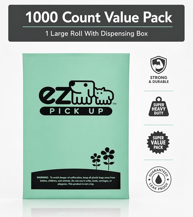 1000 Pet Waste Disposal Dog Poop Bags, EZ Pickup Bags Green (Single roll, not on Small Rolls)