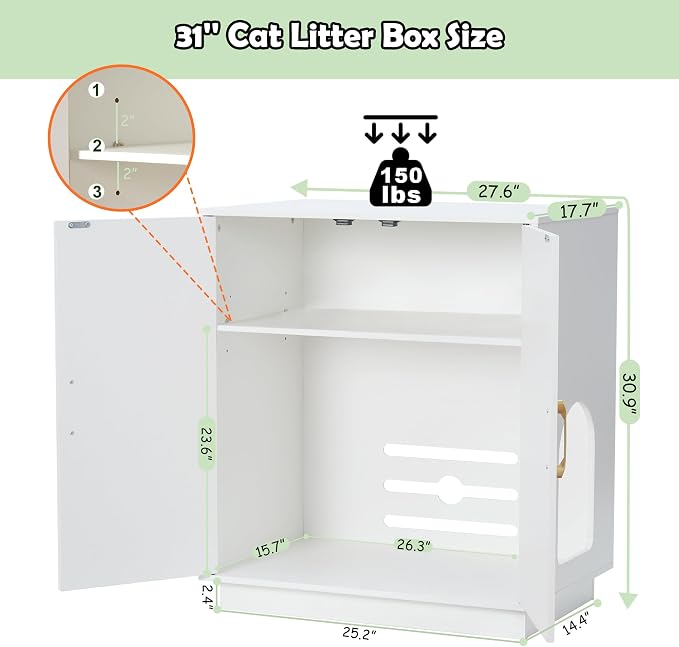 Gitelsnour Litter Box Enclosure, 30.9'' High Large Litter Box Furniture, Modern Cat Litter Box Enclosure with Hidden Storage, Side Table, End Table, White GCLB003WT