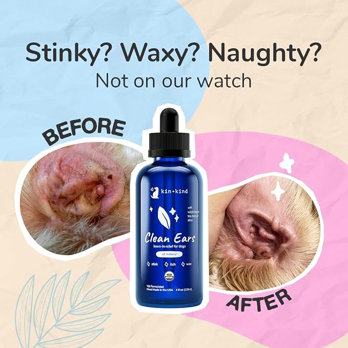 kin+kind Clean Ears - Natural Leave-in, No-Rinse Dog Ear Cleaner Solution - USDA Organic, Non-Greasy - 12 fl oz