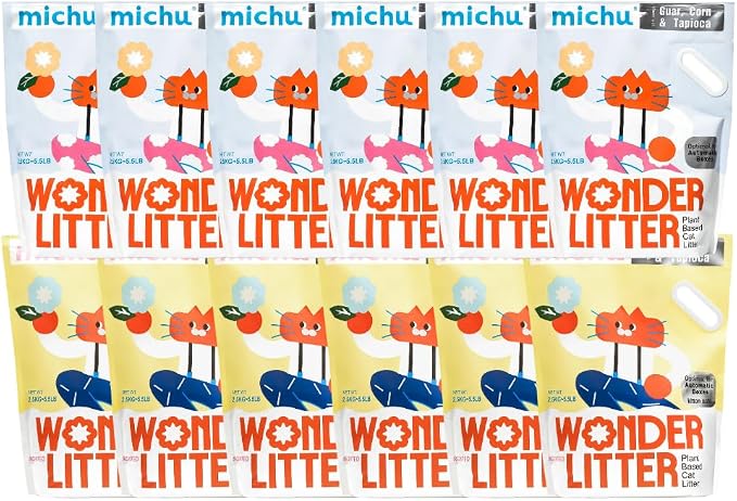Michu Wonder Litter - Plant-Based & Automatic-Box Friendly 5.5lb/88oz (Lemon Tea + Unscented, 12 Pack)