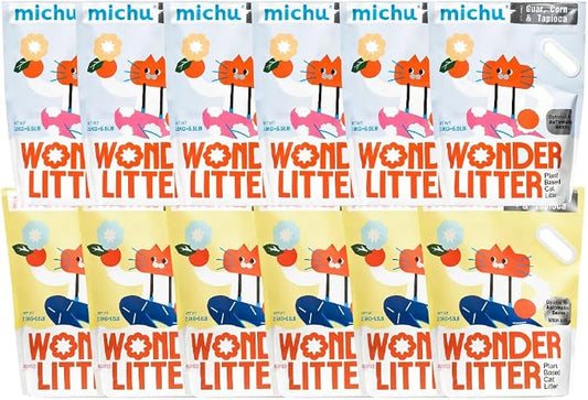 Michu Wonder Litter - Plant-Based & Automatic-Box Friendly 5.5lb/88oz (Lemon Tea + Unscented, 12 Pack)