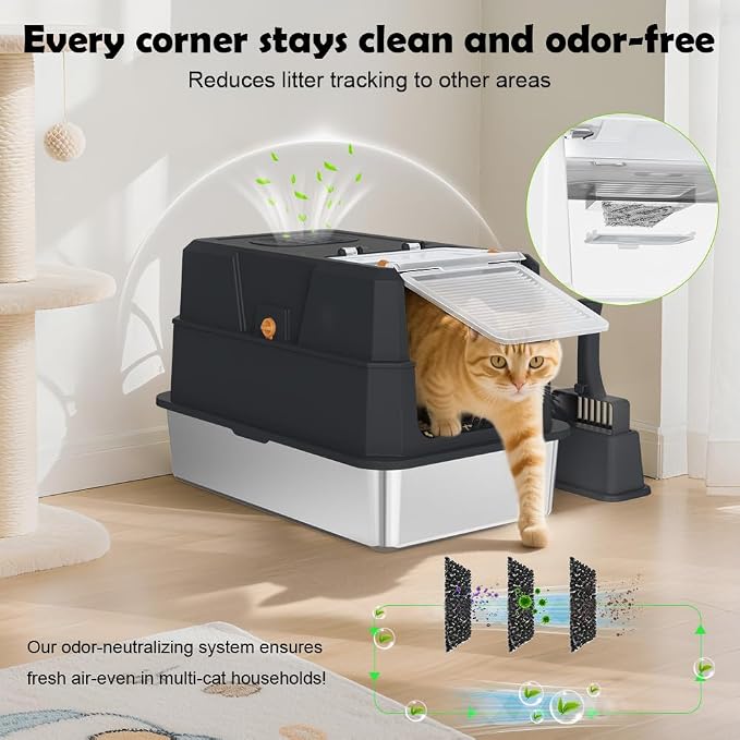 SZEE Stainless Steel Cat Litter Box with 180°Flip-Top Lid, Easy Clean XL Enclosed Litter Box, Large Covered Steel Cat Box with Scoop, Odor Control and Anti-Urine Leakage, 23.2 * 15 * 15 Inch, Black