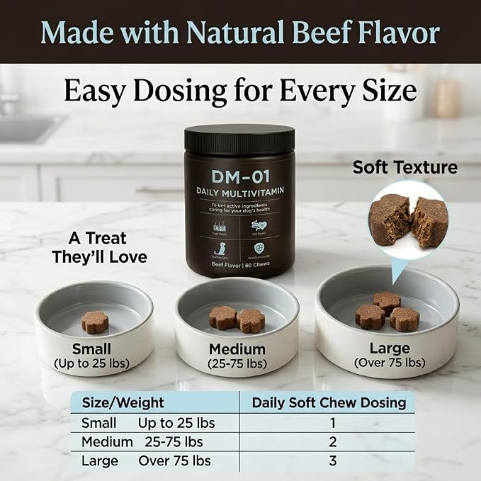 DM-01 Daily Multivitamin, Multivitamin Itch Relief Chews for Dog, with Folic Acid, Salmon Oil, Chondroitin & Natural Vitamins, Skin and Coat Healthy, Digestive & Boost Immunity, 60 Chews (Beef)