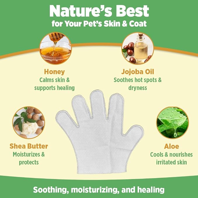 6pc. Premium Pet Glove Cleaning Wipes for Dogs & Cats | Textured, Deodorizing & Hypoallergenic Gloves with Aloe Vera & Shea Butter – Gentle, Skin-Safe Wipes for Fur, Face & Body, Odor Control