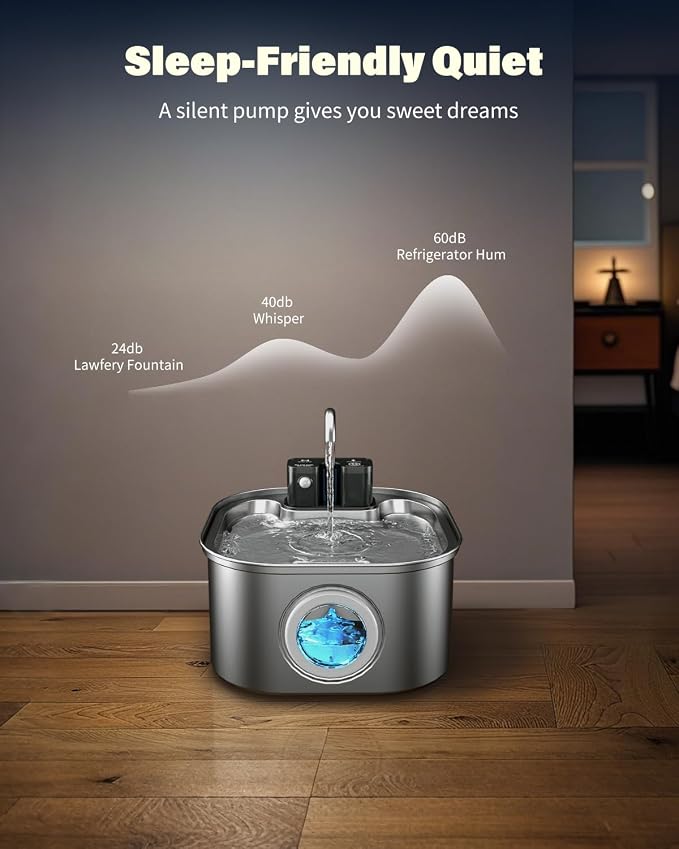 Lawfery Wireless Cat Water Fountain Stainless Steel with 4 Filters & 4 Sponges, 3.2L/108oz Battery Operated Pet Fountain, Cordless Pet Water Dispenser for Cats and Dogs