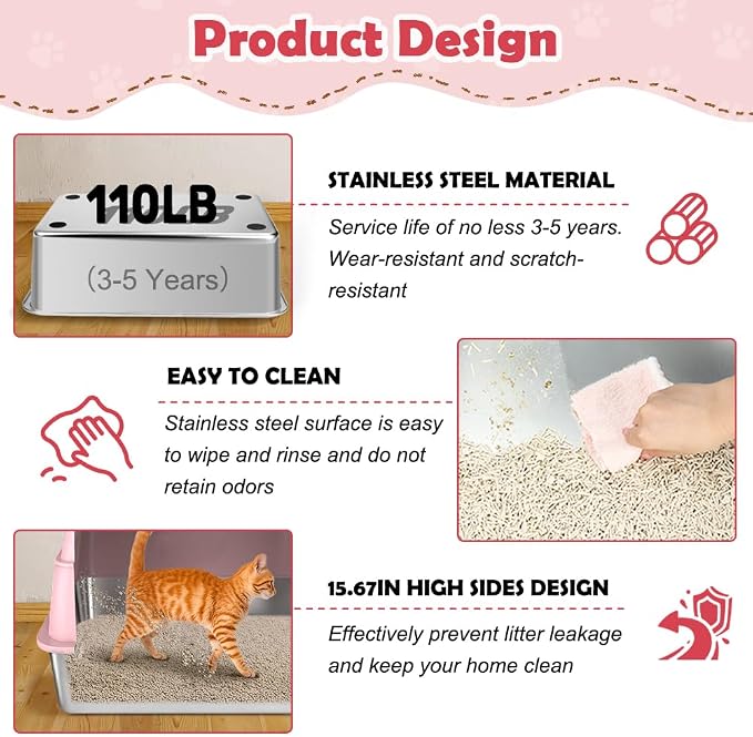 Vivifying Stainless Steel Litter Box with Lid, XL Front Entry Enclosed Extra Large Litter Box for Big Cats & Kitty, Top Exit Metal Cat Pan with Scoop, Mat, Footboard, Charcoal Filter (Pink)
