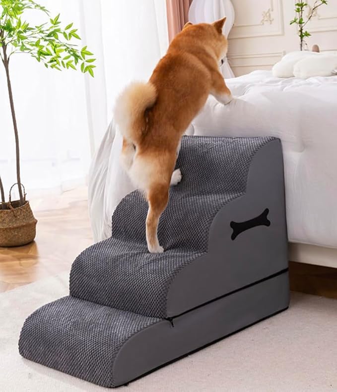 4-Step Dog Stairs for Bed – Non-Slip Foam Pet Steps for Small & Large Dogs, Stable Dog Steps for Couch & High Beds, Ramp Alternative for Senior Dogs & Cats, Grey