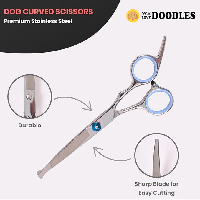 We Love Doodles Rounder Tips Dog Grooming Scissors Kit & Pin Dog Brush - Straight, Curved & Thinning Shear Professional Grade Steel, Dog Brush for Shedding and Removing Loose Fur