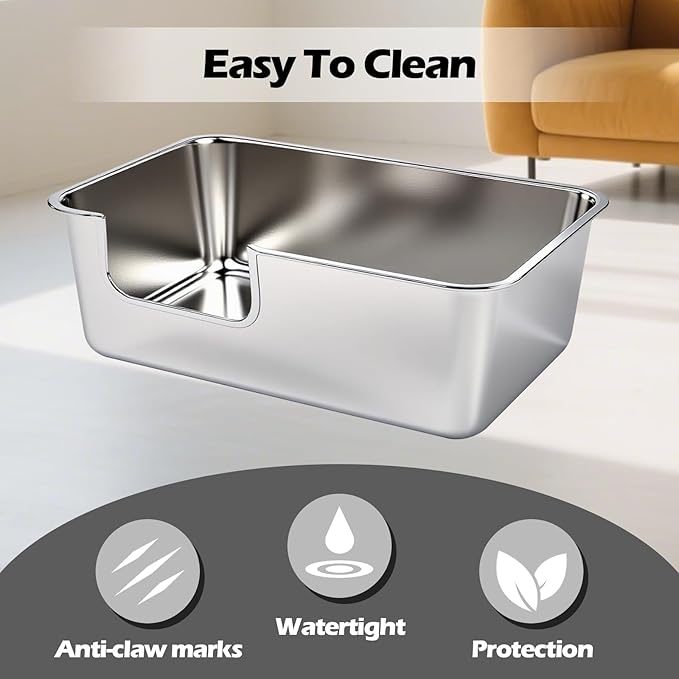 Stainless Steel Cat Litter Box,Jumbo XL Extra Large Mental Cat Litter Pan with High Sides Lid,Low Entry for Indoor Big Cats,Non Sticky,Easy to Clean,Anti-Urine Leakage