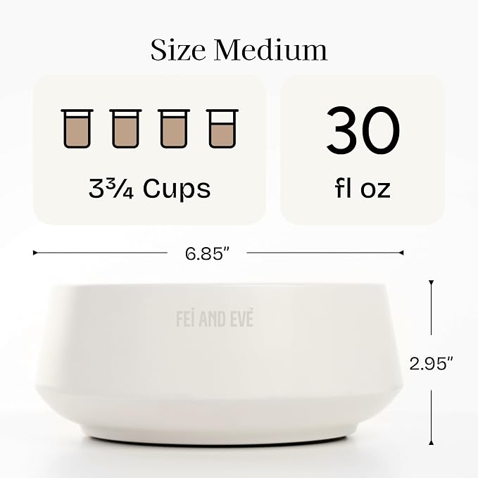 Fei & Eve Dog Bowl 30 Oz, Cloud White - Stain & Odor Resistant | Shatterproof | Non-Slip | Stable Design | for Small, Medium Breeds | Food and Water