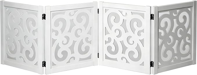 Ashfield & Harkness: 4-Panel Pet Gate - Scroll White - Wooden Foldable Freestanding Dog Fence, 80 x 23.5, Doorways-Halls-Stairs, 360 Rotated Hinges
