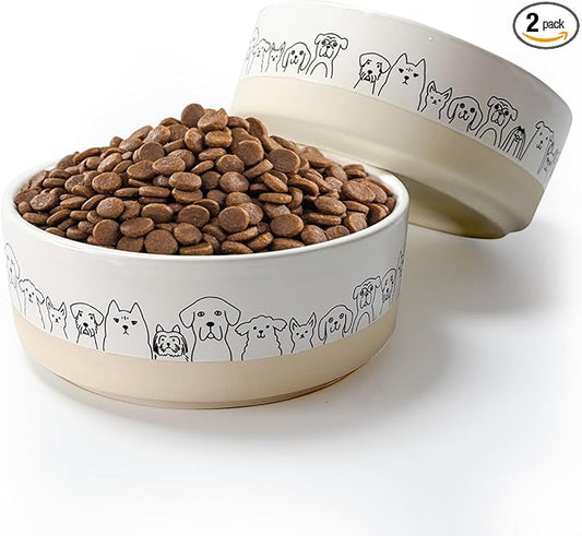 Ceramic Dog Bowls Set of 2，6.1inch Wide Dog Food Bowl with Cute Patterns Printing for Small Medium and Large Breed Dogs,Weighted Pet Feeding Dishes for Food and Water Dishwasher Safe
