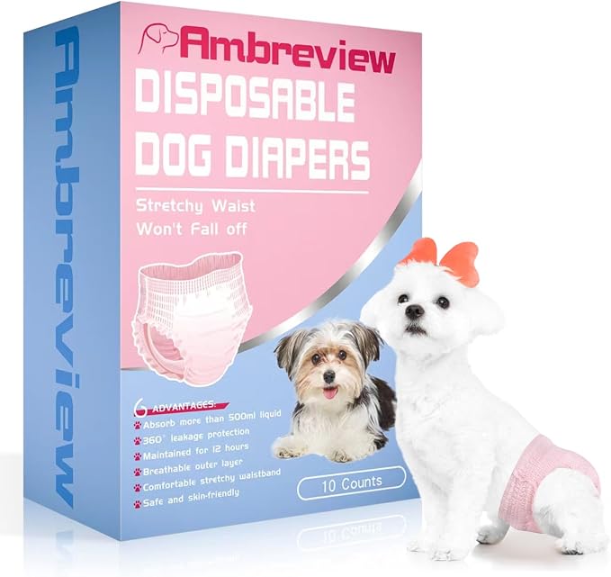 Ambreview Disposable Dog Diapers Female, Just Pull It Up, Doggie Diapers for Female Dogs, Strong Absorbency | Leak Proof, for Dogs in Heat | Elderly | Disabled, S 100 PCS