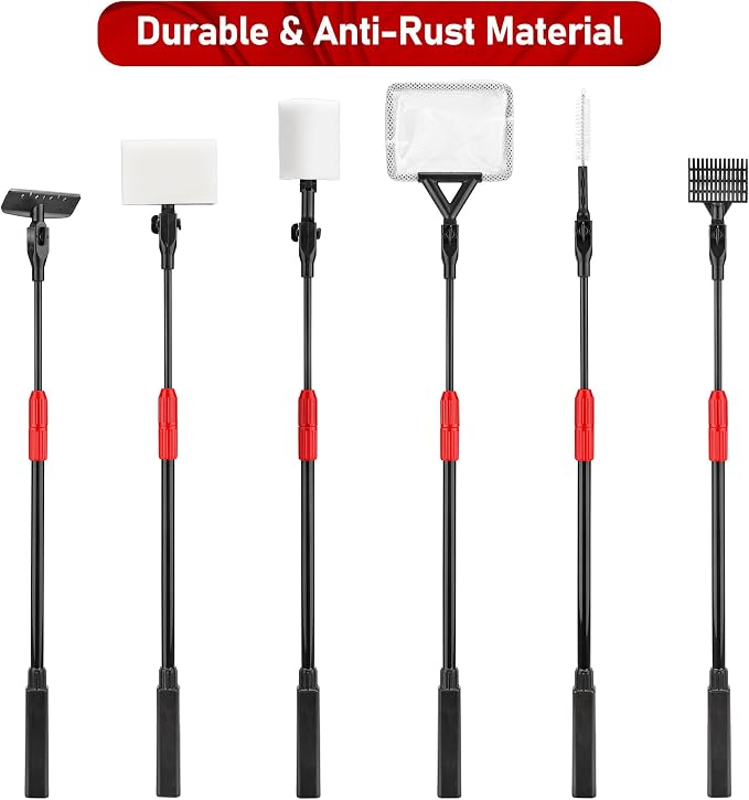6-in-1 Aquarium Cleaning Tool Aquarium Algae Scraper for Fish Tank Including Fish Brush Sand Rake Pad Sponge Telescopic Handle Multi-Usage Aquariums Glass Cleaner Set for Slatwater Freshwater