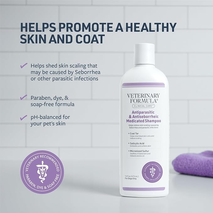 Veterinary Formula Clinical Care – Antiparasitic & Antiseborrheic Medicated Dog Shampoo – Supports Dry, Irritated Skin and Helps Soothe Occasional Itchy Spots – 16 oz