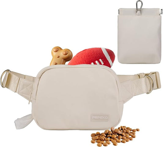 Prpeko Dog Treat Pouch Fanny Pack,Treat Pouches for Pet Training with Removable Snack Pouch,Pet Waist Belt with Poop Bag Dispenser,Dog Walking Training Bag (Beige)
