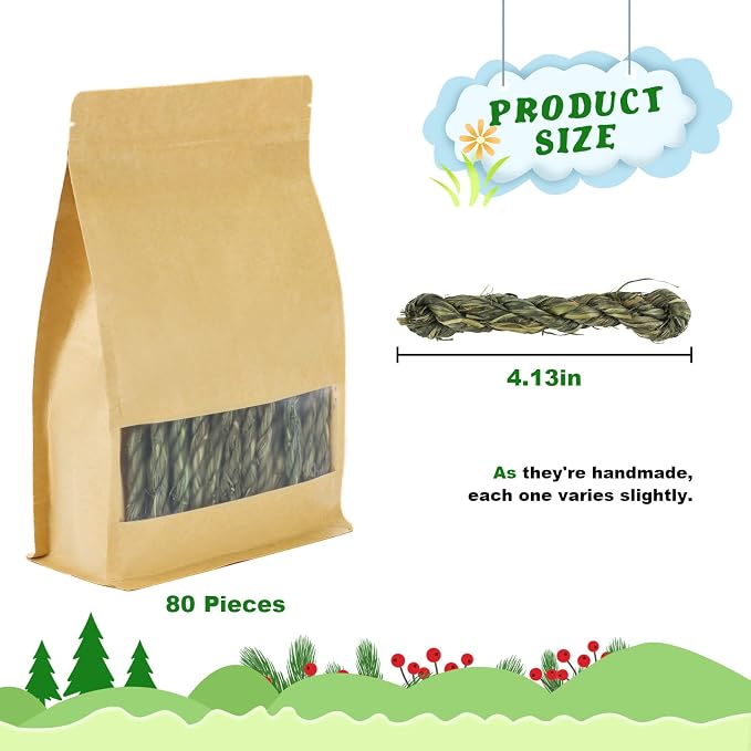 80pcs Rabbit Timothy Hay Toy for Bunny Small Animal Treats Natural Grass Stick Chew Toys Snacks Molar Teeth Grinding for Guinea Pigs Chinchillas Hamsters