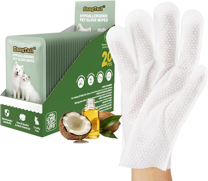 Pet Glove Wipes for Dogs and Cats, 20 Individually Wrapped Packs pet wipes, wash gloves Safe for Sensitive Skin, Quick Deodorizing, Loose Hair Removal, Full Body Grooming for Fur, Paws, Eyes & Ears