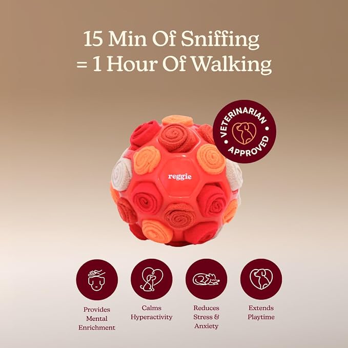 Reggie Snuffle Ball for Dogs | Interactive Treat Dispensing Dog Enrichment Toys | Reduces Boredom, Stress & Hyperactivity | Snuffle Toys for Dogs | Durable & Washable Dog Puzzle Toy I Red