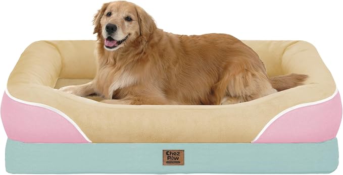 Chez Paw Large Orthopedic Dog Bed for Extra Large Dogs, Waterproof XL Egg-Crate Foam Dog Bed with Removable Washable Cover & Non-Slip Bottom, 4-Sided Bolster Support, Ivory Pink 42"x30"x7.5"