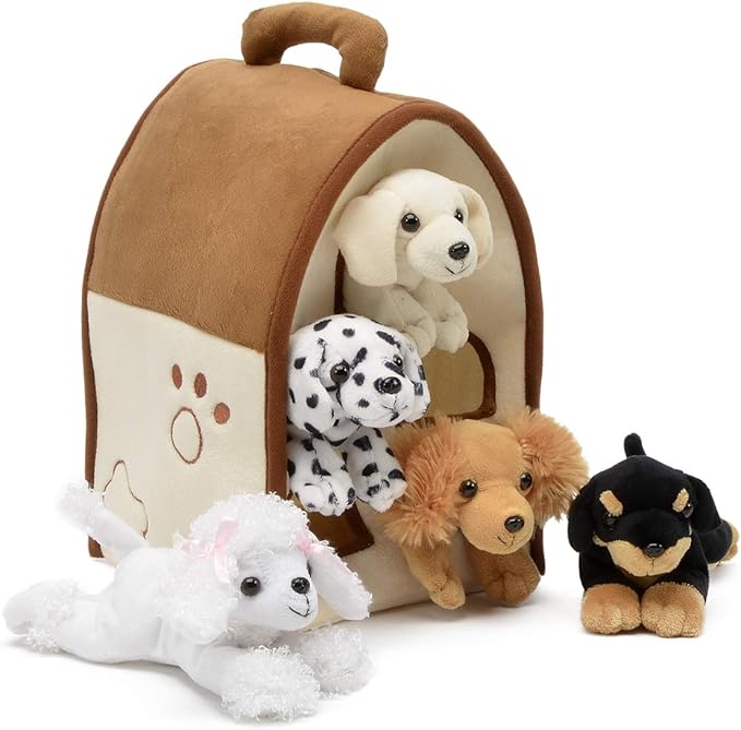 Plush Dog House -Five (5) Stuffed Animal Dogs (Dalmation, Yellow Lab, Rottweiler, Poodle, Cocker Spaniel) in Play Dog House Carrying House