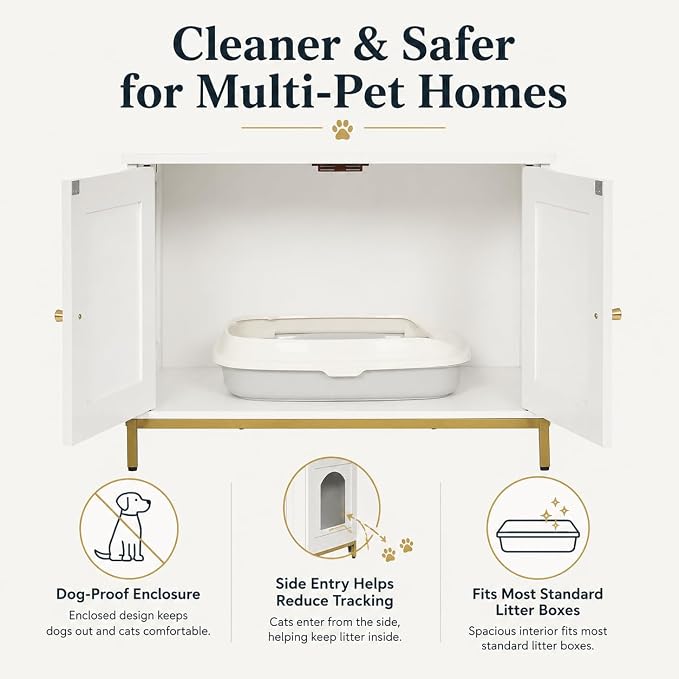Homhedy Cat Litter Box Enclosure, Cat Washroom Furniture with Metal Frame, Pet House, Fit Most of Litter Box, Modern Style, White and Gold
