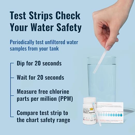 Aquatabs Water Purification Tablets for Drinking - 100 Tablets + 2 Chlorine Test Strips - Water Purifier Starter Kit - for Boat and RV Tanks - by Aquamarine Water Solutions
