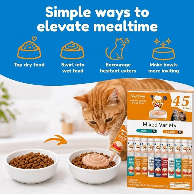 Cat Treats Lickable | Grain-Free Cat Food Toppers, High Protein | Creamy Puree Squeeze Ups with Vitamin E & Taurine, Digestible Formula | 0.5 oz. Each Tube, Chicken & Seafood Mix Variety | 45 Tubes