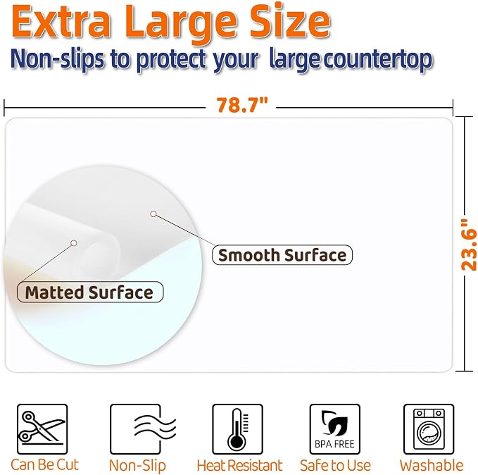 Warome Silicone Mat, 78.7”x 23.6” Heat Resistant Mats for Countertop, Extra Large Kitchen Counter Protector, Cuttable Counter Mat for Crafts- White Translucent