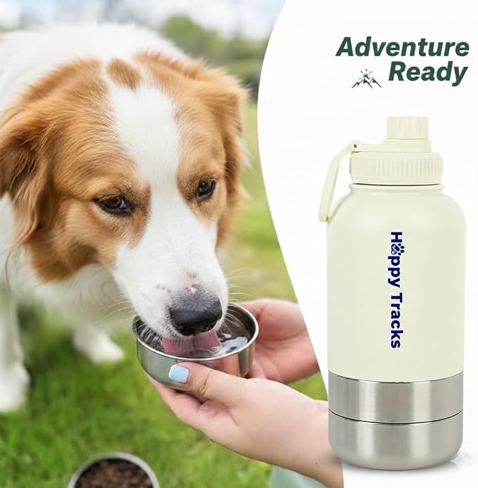 Happy Tracks 32oz Insulated Dog Travel Water Bottle & Feeder – 3-in-1 Stainless Steel Pet Kit with Detachable Food & Water Bowls – Leak-Proof, Keeps Water Cold Up to 12 Hours (Ivory Whie)