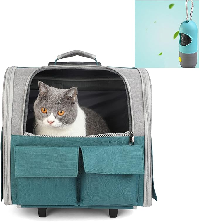 Portable Cat Carrier Backpack with Wheel Breathable Airline Approved Pet Travel Rolling Trolley Collapsible Backpack
