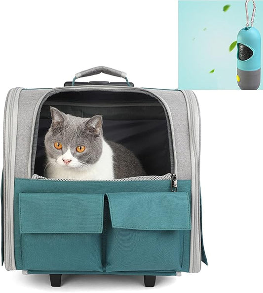 Portable Cat Carrier Backpack with Wheel Breathable Airline Approved Pet Travel Rolling Trolley Collapsible Backpack