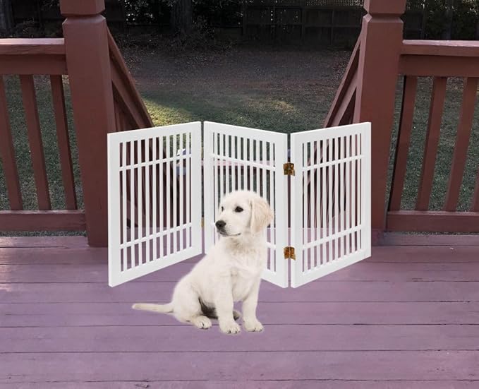 Urnporium Freestanding Wooden Dog Gate for Doorways – Foldable Acacia Wood Pet Gate, No Drill Portable Indoor/Outdoor Puppy Fence Barrier (White Pet Gate, 3 Panel 24" Tall)