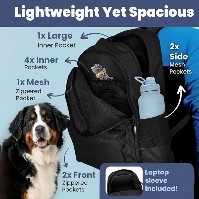 Rubyloo The Original Doggy Bag Backpack (Black) & 32oz Insulated Water Bottle with Attached 8oz Bowl (Dog Mom) – Dog Travel Backpack & Hydration Set