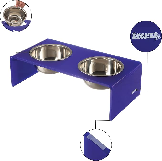 DBL2000F Keaton 5" Small/Medium Modern Acrylic Rectangular Elevated Pet Feeder with 20oz 2-Stainless Steel Bowls, Purple/Chrome
