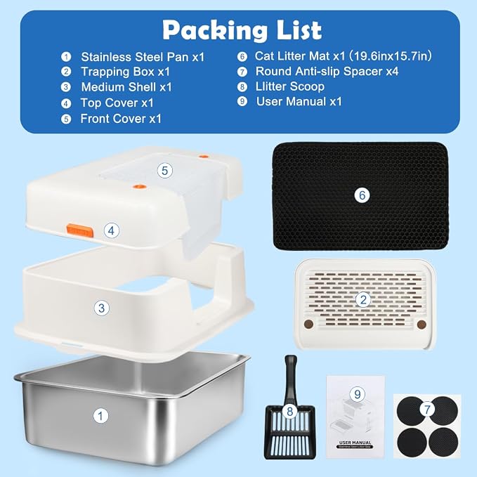 SZEE Stainless Steel Litter Box with Lid, Easy to Clean and NO Absorb Odor, Extra Large Litter Box with Open/Enclosed Modes, Includes Litter Scoop, Litter Mat & Trapping Box